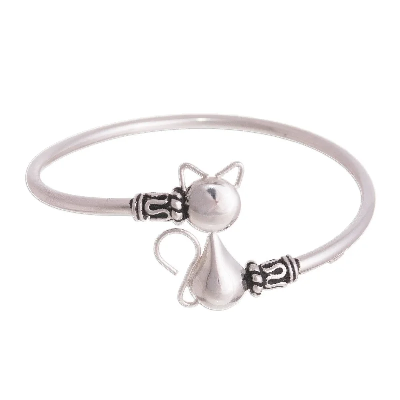 Retro deco bangles-NOVICA Delightful Cat, Sterling silver pendant bangle bracelet