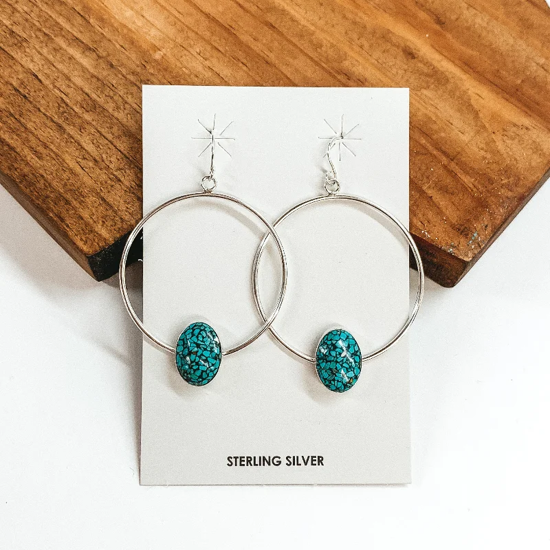 Classic flair earrings-Merle House | Navajo Handmade Sterling Silver Hoop Earrings with Oval Kingman Turquoise Stone