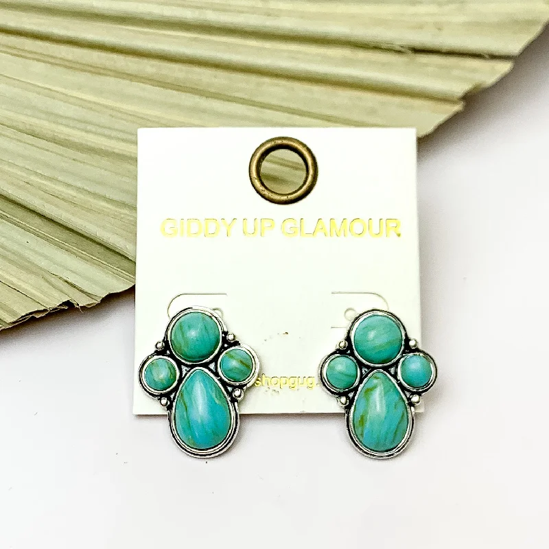 Ruby stud earrings-Silver Tone Cluster Stone Earrings in Turquoise Green