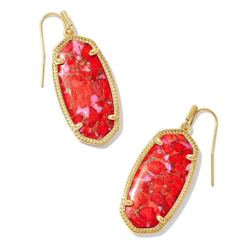 Shiny stud earrings-Kendra Scott | Elle Gold Drop Earrings in Bronze Veined Red Fuchsia Magnesite