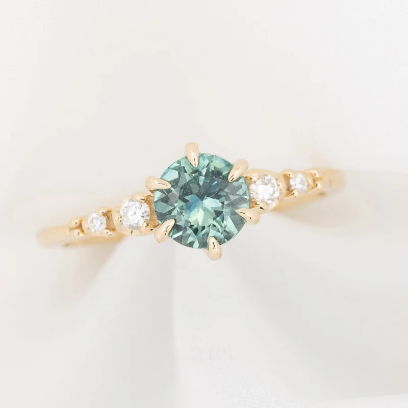 Hamsa charm engagement rings-Estel Fleur Six Prongs Ring 1.21ct Light Blue Green Round Montana Sapphire, 14K Yellow Gold (One of a kind)