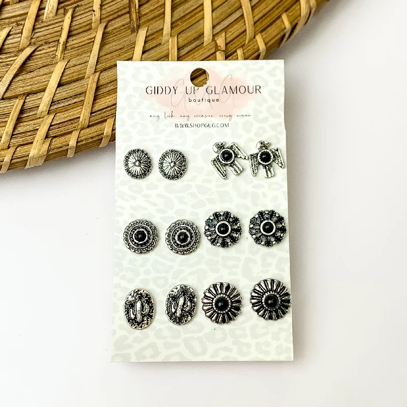 Bali tile earrings-Set Of Six | Multiple Black and Silver Tone Stud Earrings