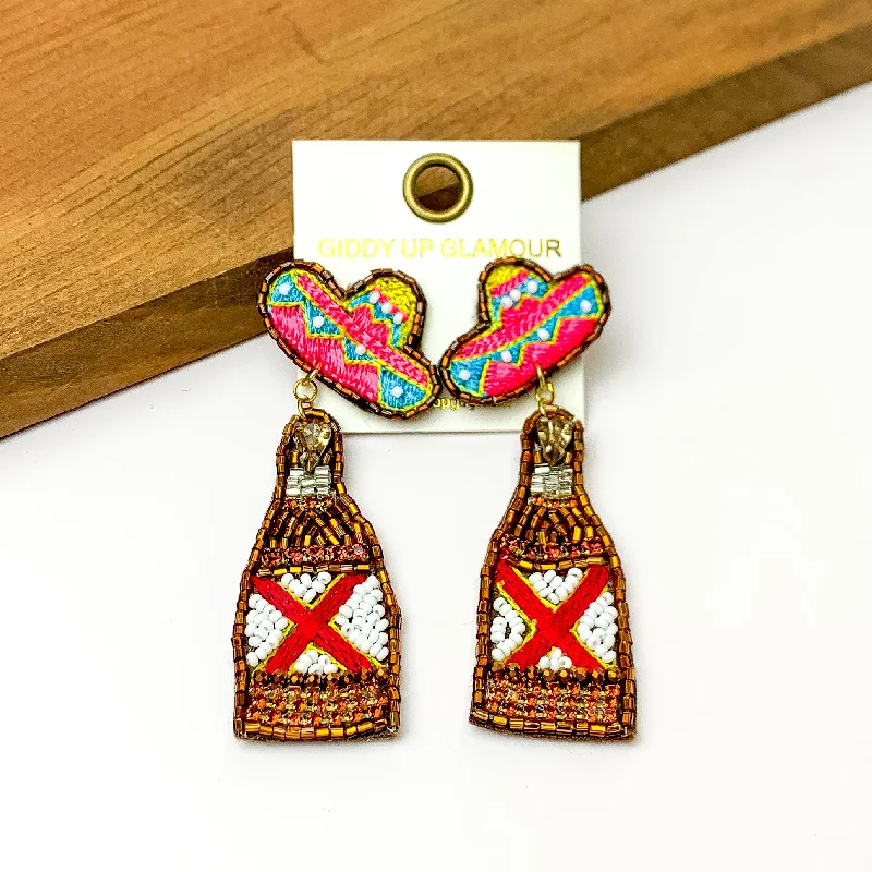 Bright druzy earrings-Beaded Gold Beer Bottle Earrings with Sombrero Studs