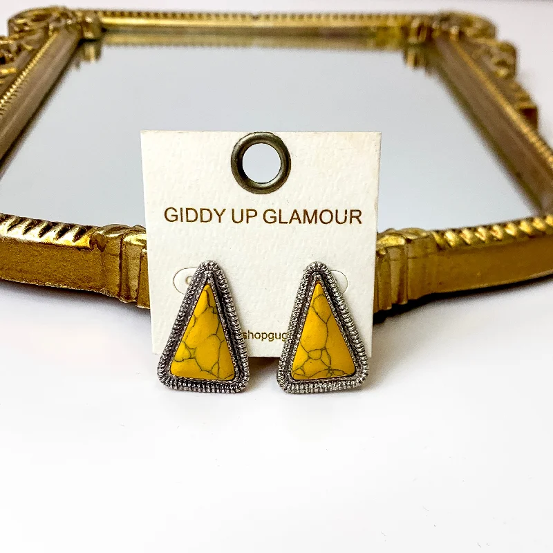 Heavy hoop earrings-Western Silver Tone Faux Triangle Stone Earrings in Mustard Yellow