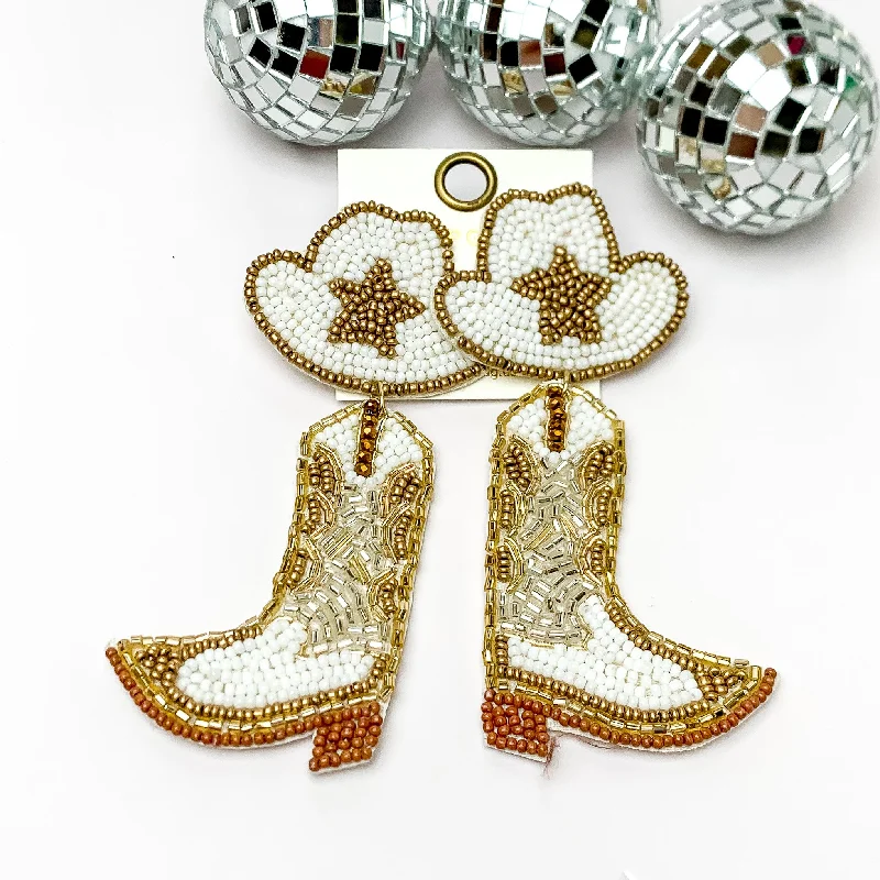 Clear crystal earrings-Beaded Cowboy Hat and Boot Earrings with Gold Star in White