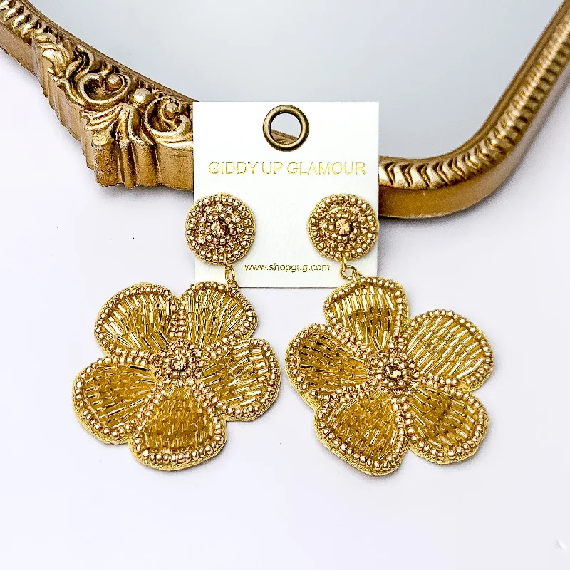 Topaz earrings-Beaded Flower Earrings in Gold with Crystal Stones