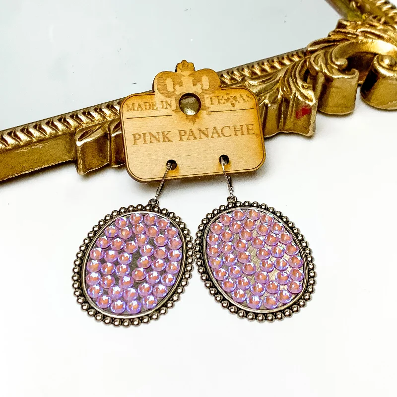 Old medallion earrings-Pink Panache | Silver Tone Oval Earrings with Lavender Crystals