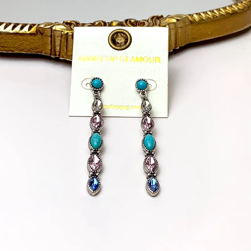 Topaz earrings-Thin Bar Faux Turquoise and Multicolor Marquis Crystal Drop Earrings