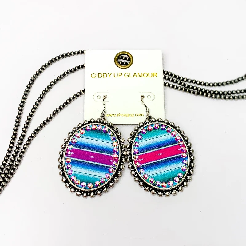 Playful pair earrings-Silver Oval Earrings with Aztec Print Inlay and AB Crystals Outline