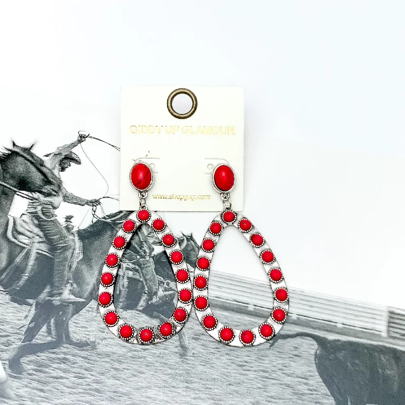 Bead weave earrings-Western Open Teardrop Earrings With Stones in Red