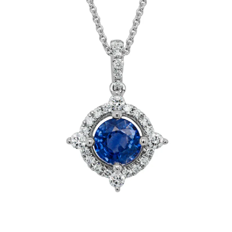 Stamped initial necklaces-14W Sapphire & Diamond Halo Pendant Necklace