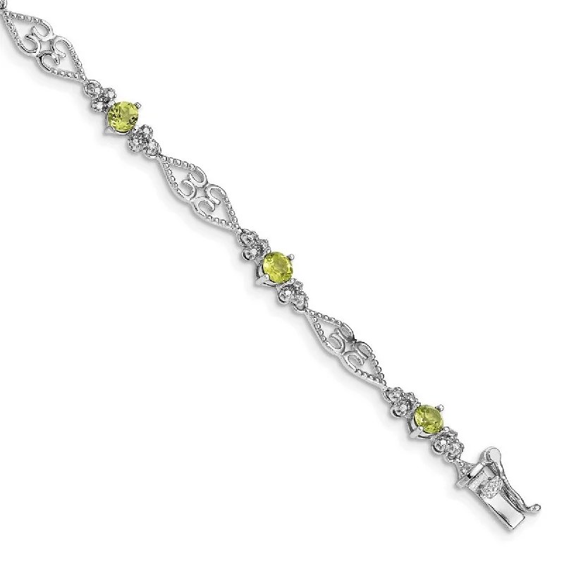 Solid chain bangles-Curata 925 Sterling Silver Textured Polished Box Catch Closure Diamond Peridot Bracelet