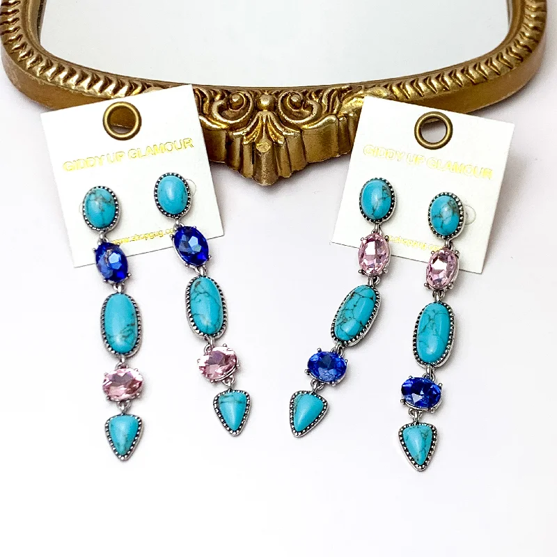 Thin hoop earrings-5 Tier Faux Turquoise Stone and Light Pink and Blue Crystal Dangle Earrings