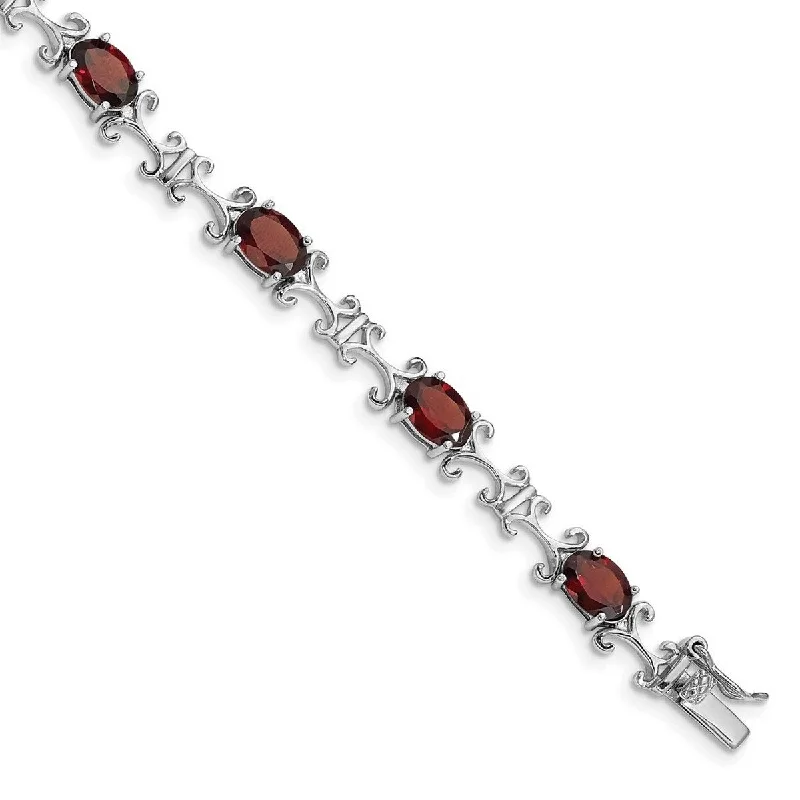 Glossy enamel bangles-Curata 925 Sterling Silver Polished Open back Box Catch Closure Garnet Oval Bracelet