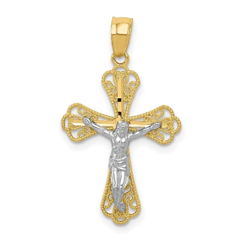 Solid chain necklaces-Curata 10k Yellow Gold and Rhodium 18" Filigree Crucifix Pendant Necklace