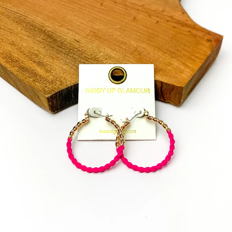 Broad hoop earrings-Twisted Gold Tone Hoop Earrings in Hot Pink