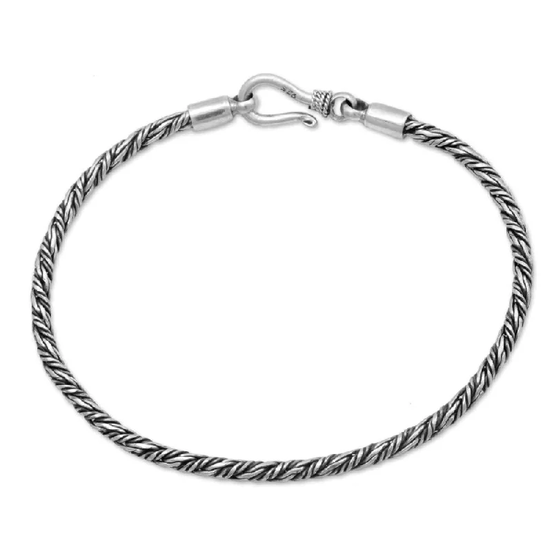 Gem strand bangles-Sterling Silver Braided Bracelet, 'Woven Secret' (Indonesia) - 7'6" x 9'6"