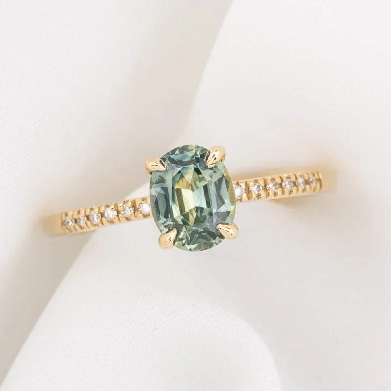 Cedar grain engagement rings-Audrey Ring 1.20ct Light Blue Green Montana Sapphire, 14k Yellow Gold (One of a kind)