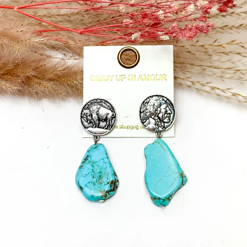 Topaz stone earrings-Turquoise Stone Earrings With Silver Tone Coin Posts