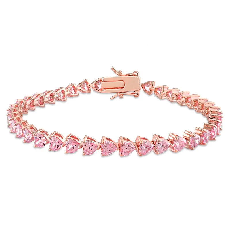 Shiny modern bangles-Miadora 12 1/3ct TGW Created Pink Heart-Cut Sapphire Tennis Bracelet Rose Silver - 7.5 in.