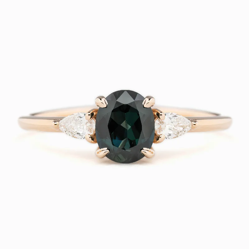 Asymmetrical engagement rings-Olivia Ring 1.2ct Deep Teal Blue Queensland Sapphire, 14K Rose Gold (One of a kind)