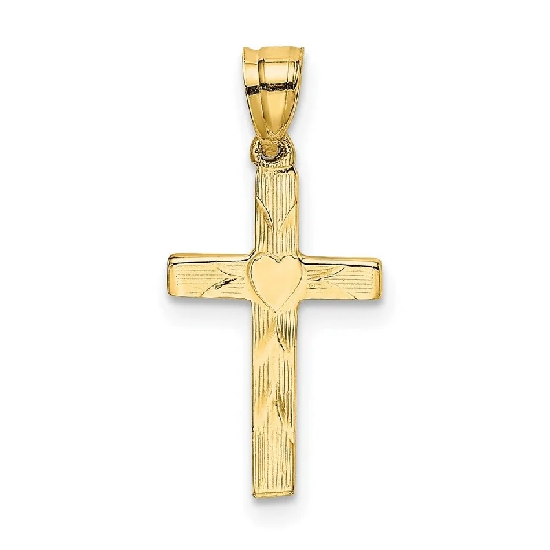 Spirit eye necklaces-Curata 14k Yellow Gold Small Ridged Cross With Heart Center Pendant Necklace 10mm 16.6mm