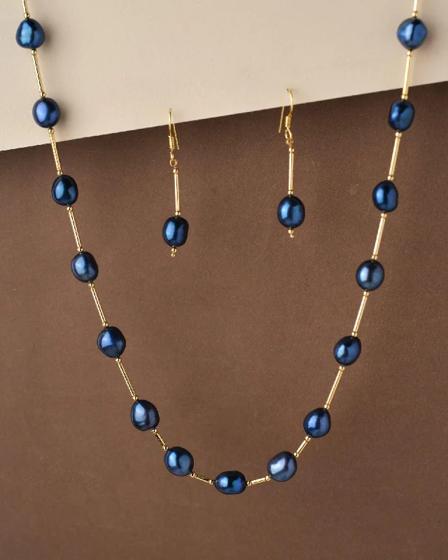 Braided cord necklaces-Fancy Dark Blue Pearl Necklace Set