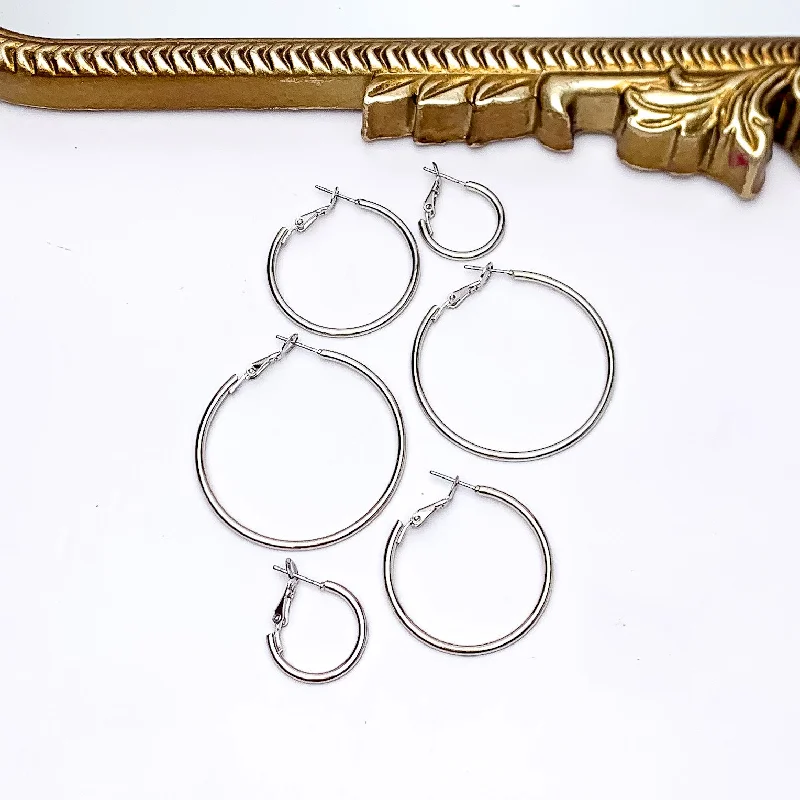 Rose motif earrings-Set Of Three | Hoop Earrings in Silver Tone