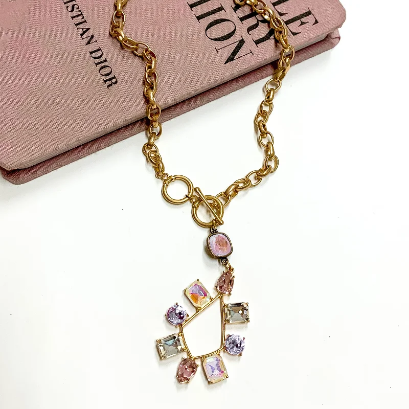 Bold cross earrings-Pink Panache | Gold Tone Chain Necklace with a Lavender Crystal Drop and Multicolor Crystal Teardrop Pendant