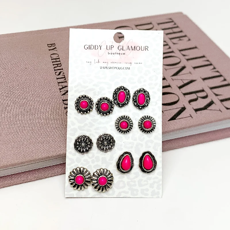 Silk fringe earrings-Set of Six | Fuchsia Pink and Silver Tone Designed Stud Earrings