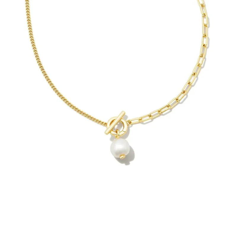 Wide hoop earrings-Kendra Scott | Leighton Gold Pearl Chain Necklace in White Pearl