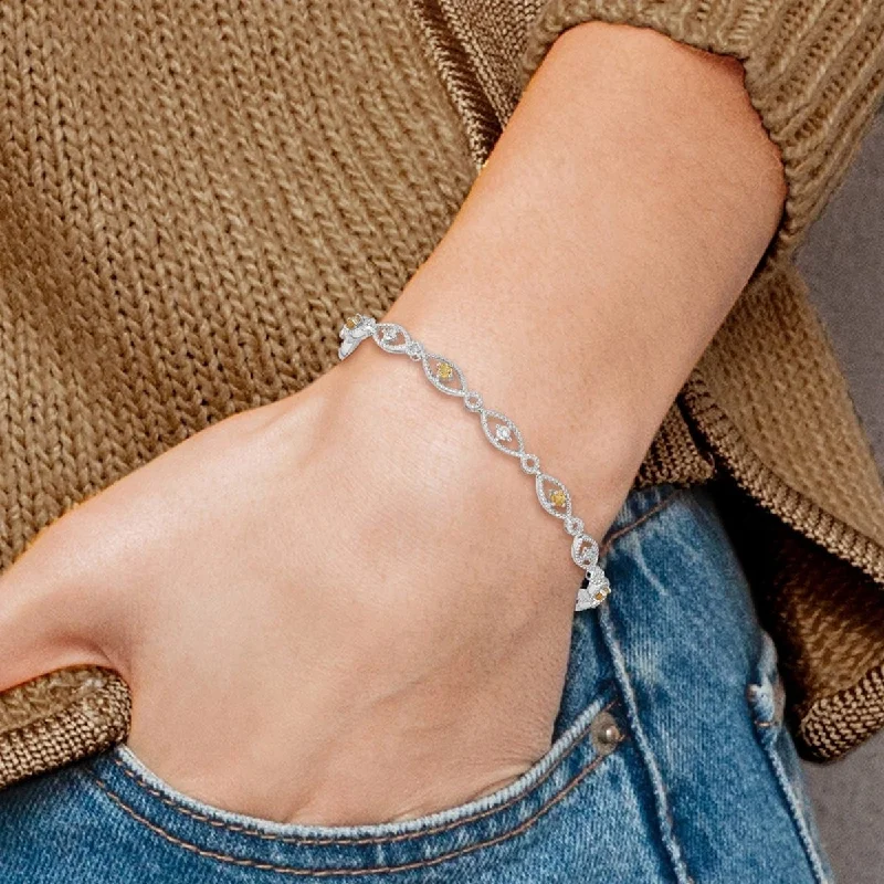 Glossy link bangles-Curata 925 Sterling Silver Textured Polished Open back Lobster Claw Closure Citrine Diamond Bracelet