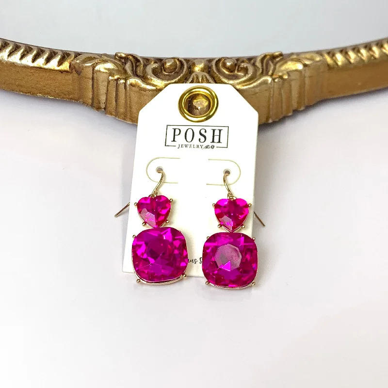 Pure pearl earrings-Posh by Pink Panache | Gold Tone Fuchsia Pink Heart Shaped and Cushion Cut Crystal Drop Earrings