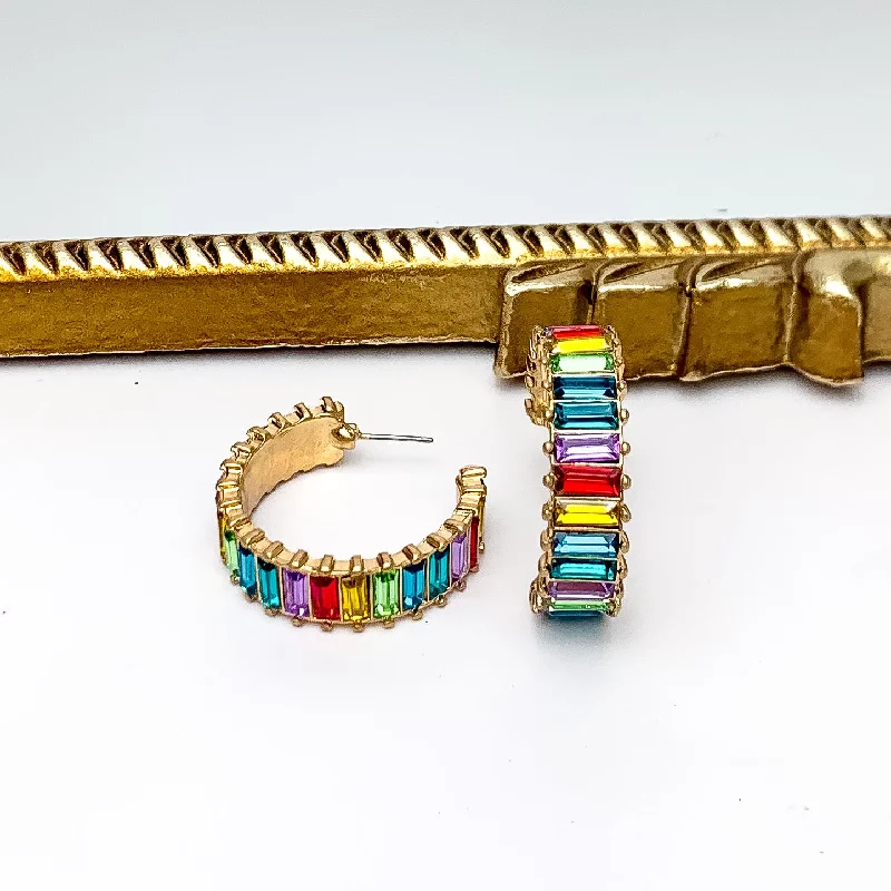 Shiny stud earrings-Gold Tone Hoop Earrings With Rectangle Crystals in Multicolor