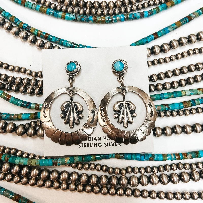 Tide design earrings-Annie Spencer | Navajo Handmade Sterling Silver Circle Dangle Earrings with Kingman Turquoise Post