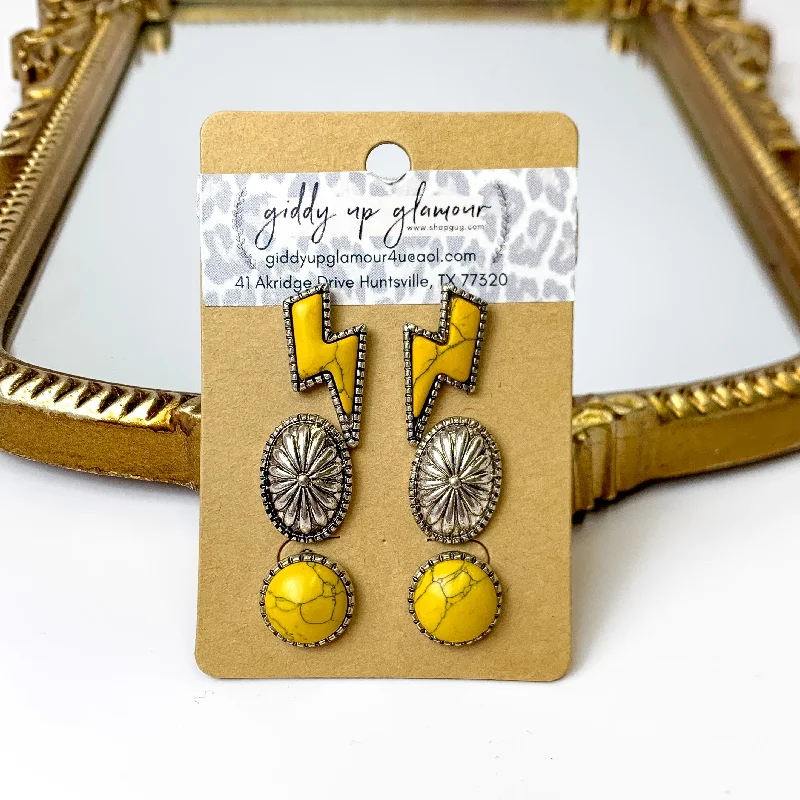 Thin hoop earrings-Set Of Three | Lightning Bolt and Concho Stud Set in Mustard Yellow