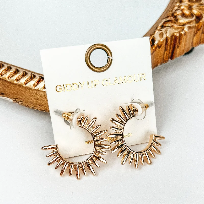 Glossy silver earrings-Sunburst Hoop Earrings in Gold Tone