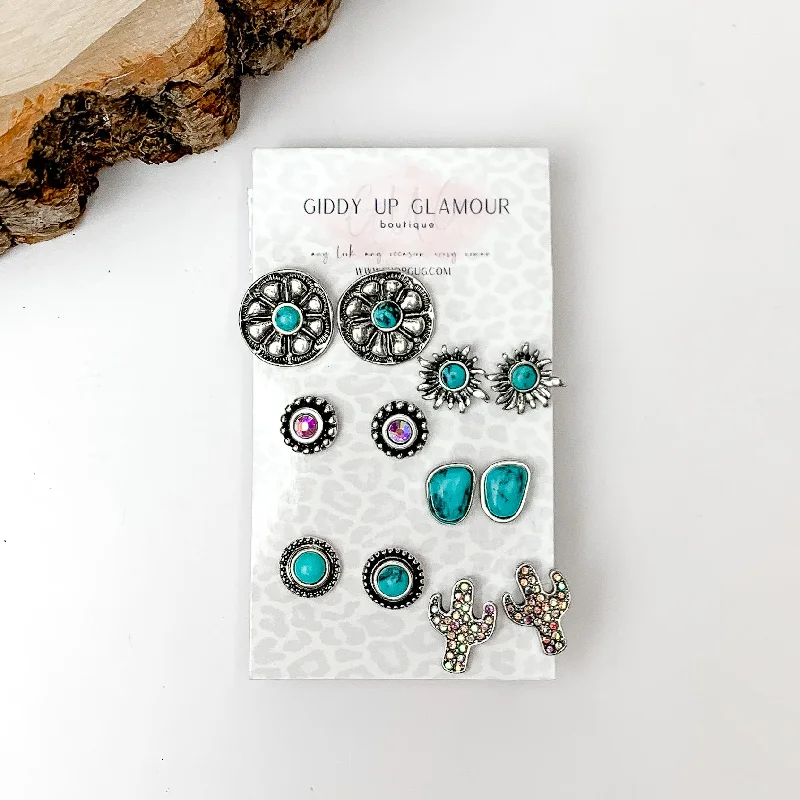 Fine pearl earrings-Set Of Six | Western Flowers Turquoise Blue and Silver Tone Stud Earrings