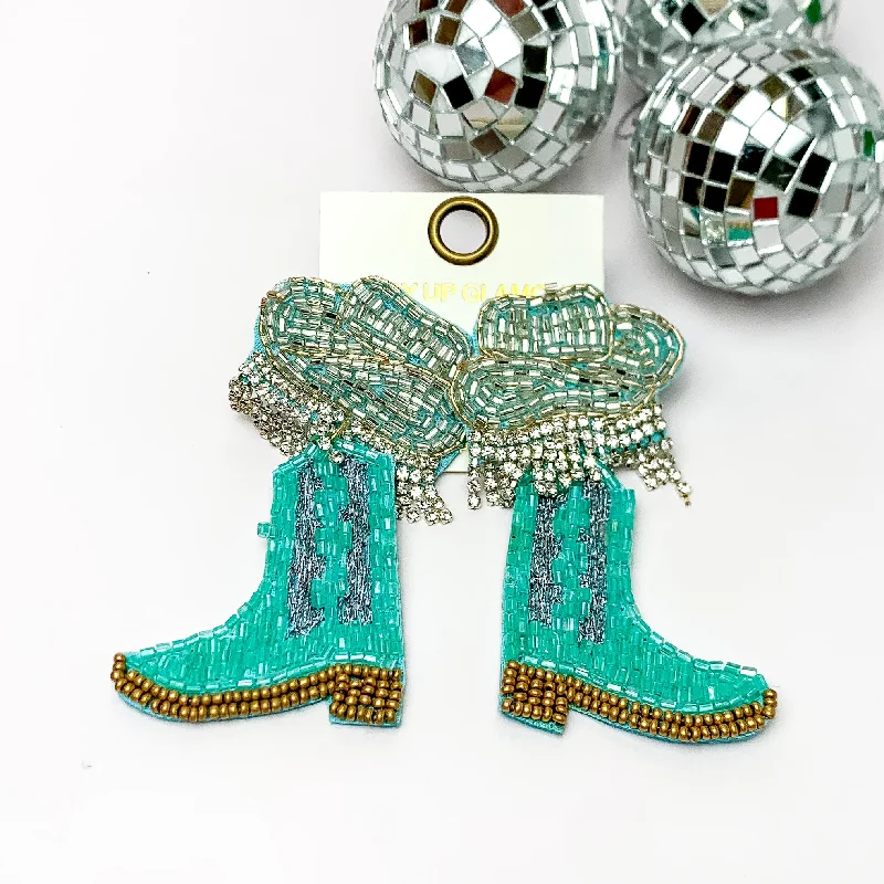 Sea motif earrings-Beaded Cowboy Hat and Boot Earrings with Clear Crystal Fringe in Turquoise Blue