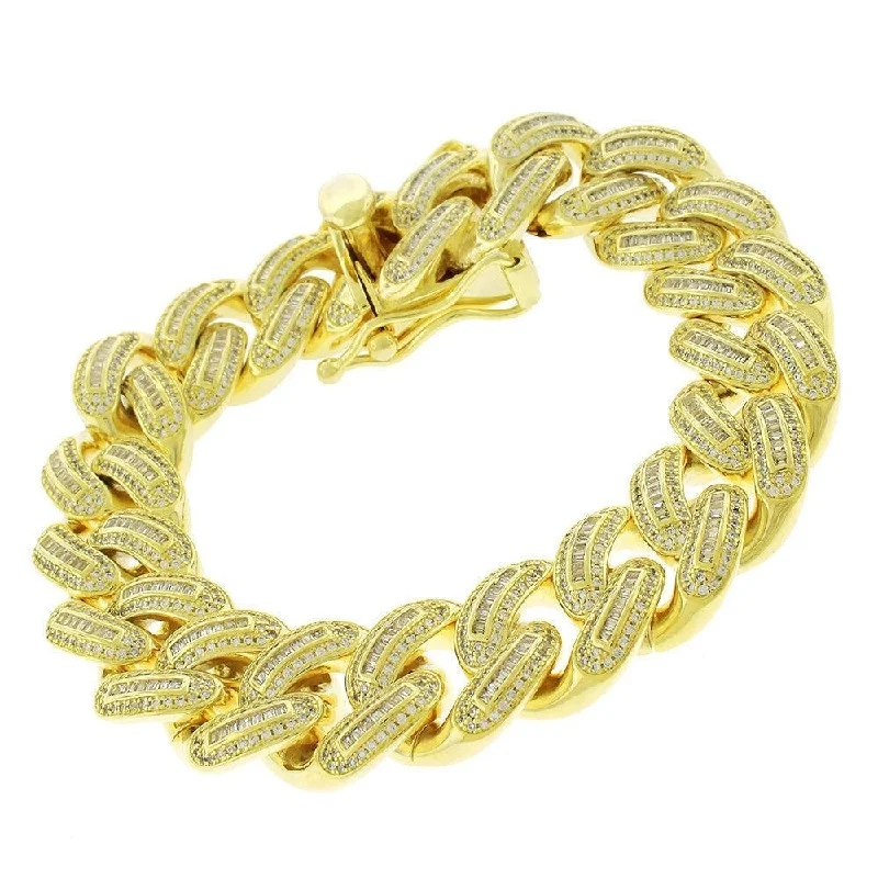 Solid gold bangles-Sterling Silver 18mm Iced Out CZ Baguette Miami Cuban Solid 925 Yellow Gold Bling Bracelet Chain 9"