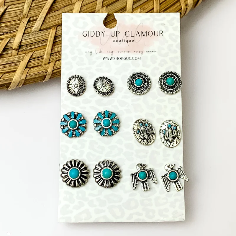 Twine bead earrings-Set Of Six | Multiple Turquoise and Silver Tone Stud Earrings