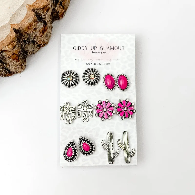 Sea motif earrings-Set Of Six | Western Themed Fuchsia Pink and Silver Tone Stud Earrings