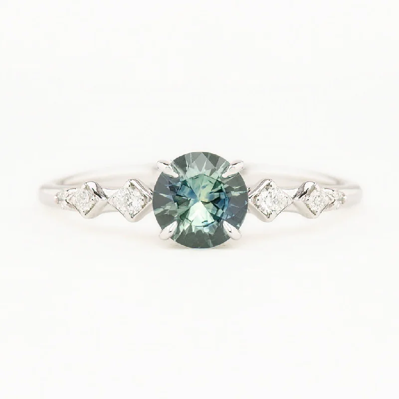 Polished bead engagement rings-Celeste Ring 0.73ct Parti Blue Green Round Montana Sapphire, 14K White Gold (One of a kind)