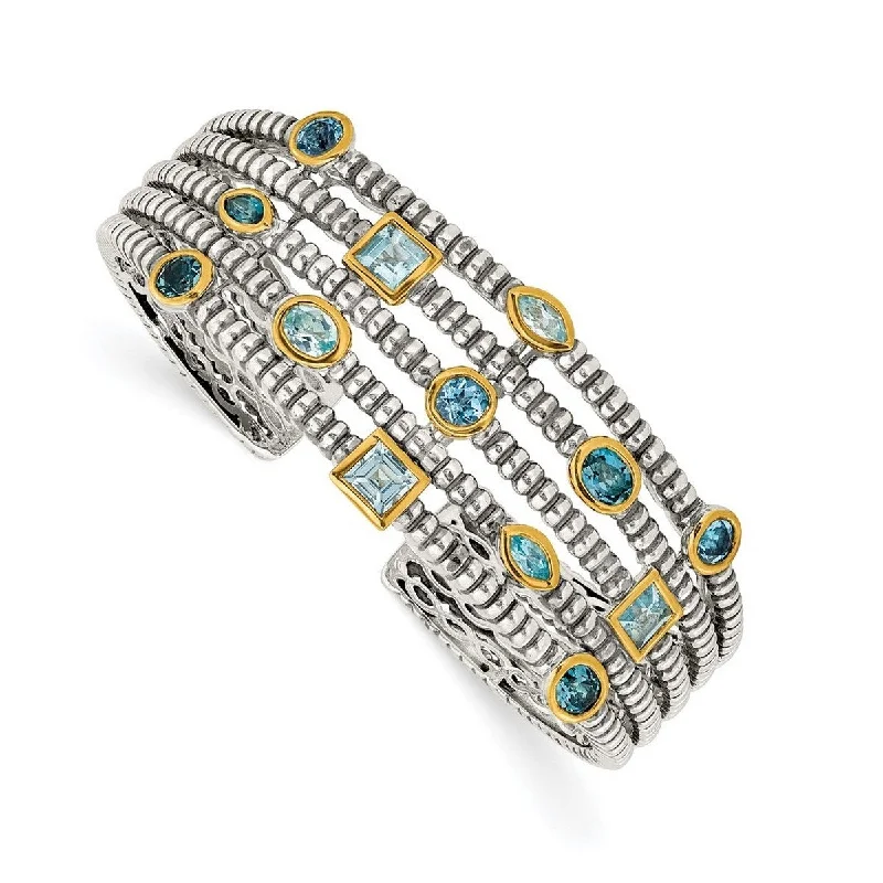 Pink gold bangles-Curata 925 Sterling Silver Bezel Polished With 14k Blue Topaz Cuff Stackable Bangle Bracelet