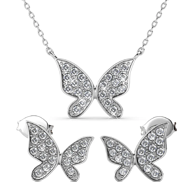 Reef knot necklaces-Yuenen 18k White Gold Plated Silver Butterfly Necklace and Earring Set with Swarovski Crystals