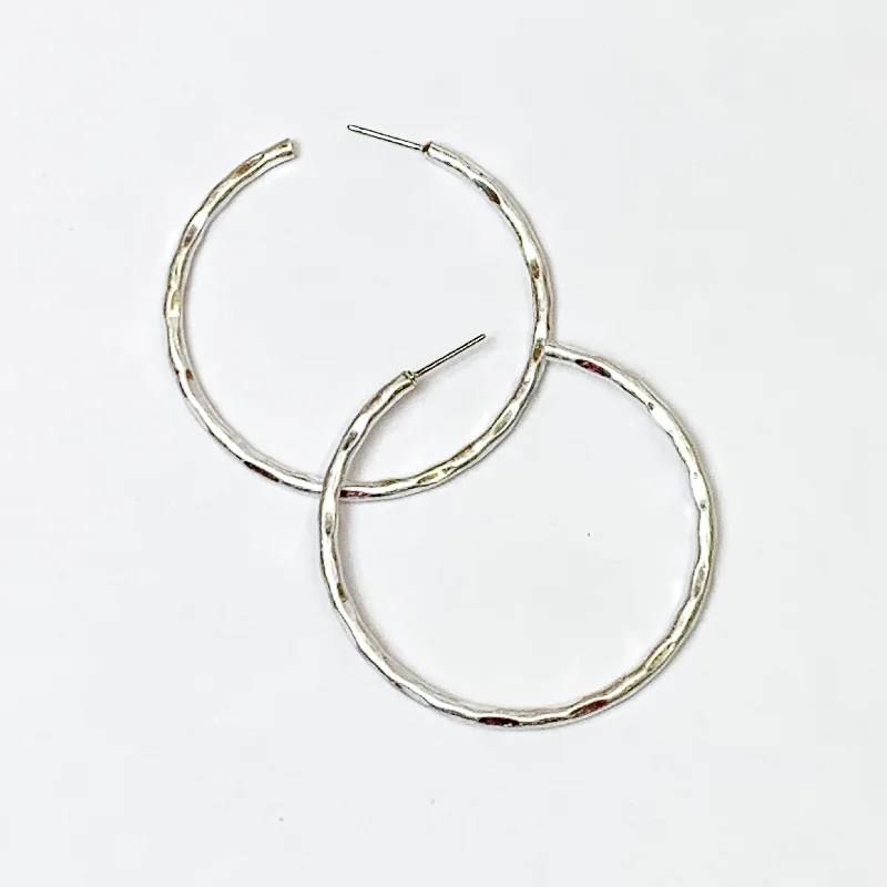 Fine triangle earrings-Medium Hammered Hoops in Silver Tone