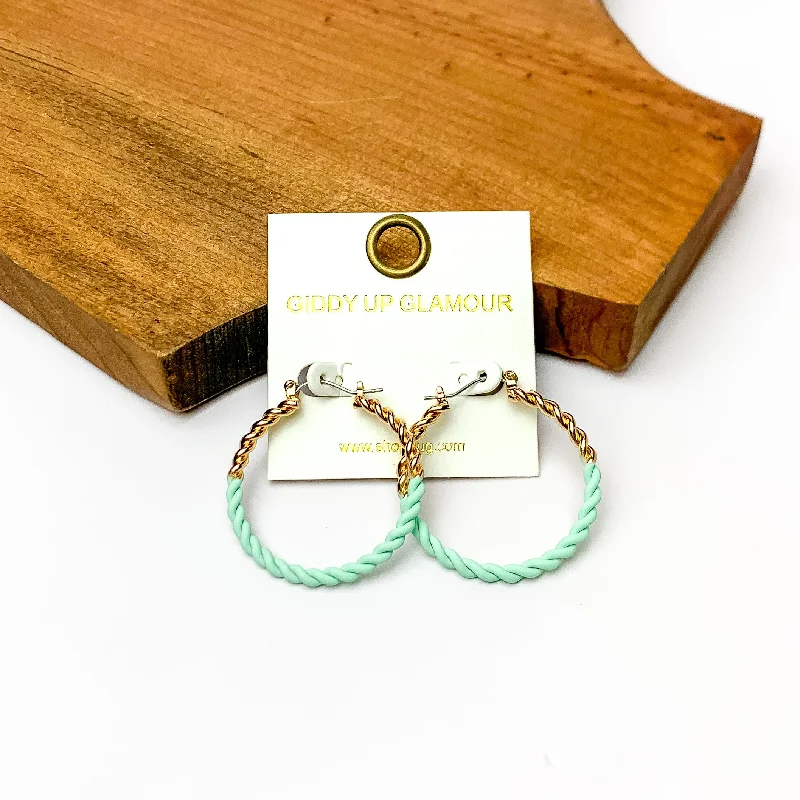 Topaz stud earrings-Twisted Gold Tone Hoop Earrings in Mint Green