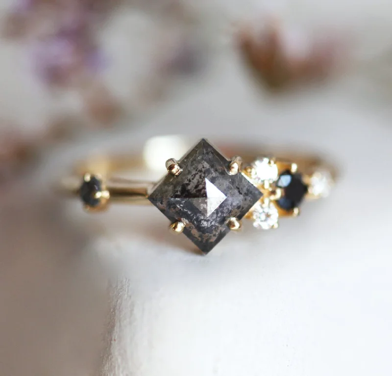 Dainty stack engagement rings-Ramona Square Salt & Pepper Diamond Cluster Ring