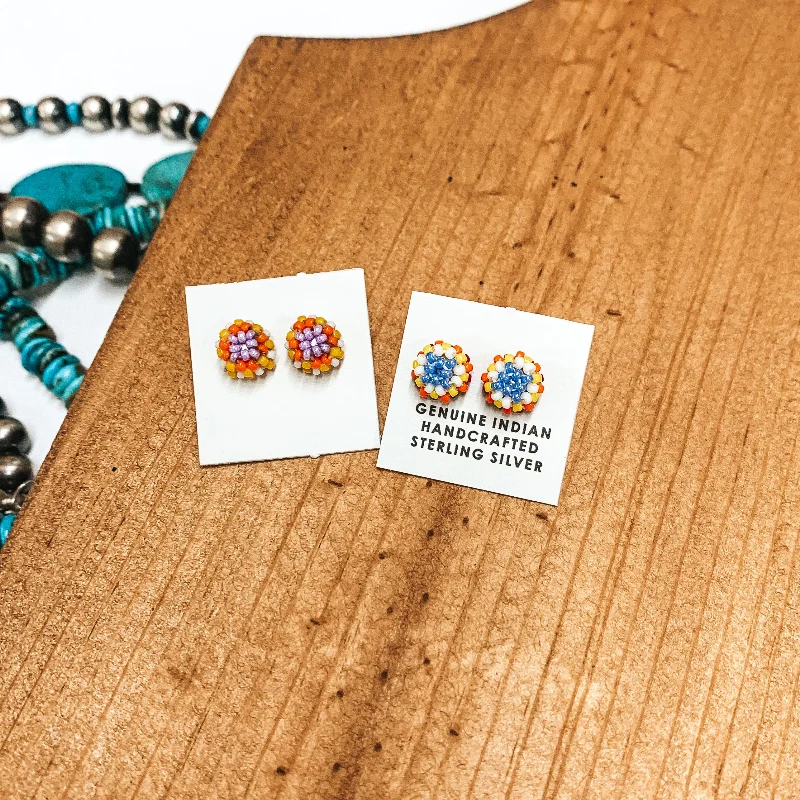 Hawk feather earrings-Navajo | Navajo Handmade Beaded Stud Earrings in Pastels