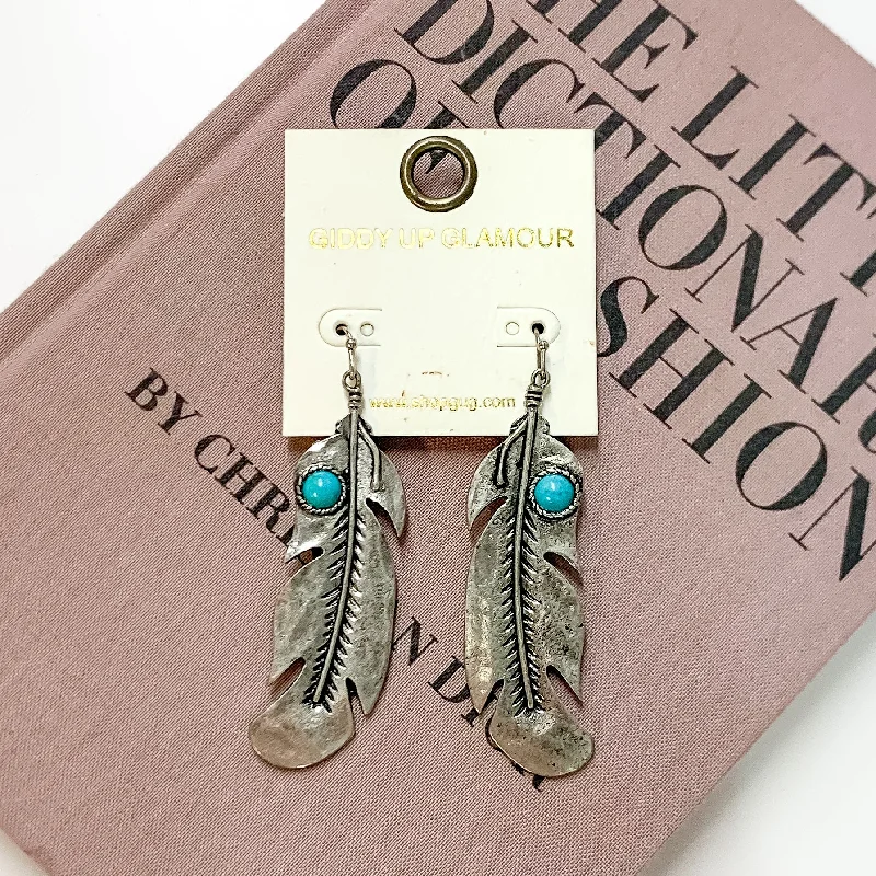 Bamboo style earrings-Silver Tone Feather Drop Earrings with Turquoise Blue Stones